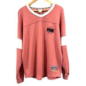 Victoria's Secret PINK Varsity V-Neck Long Sleeve Jersey Tee Mauve Pink, Medium